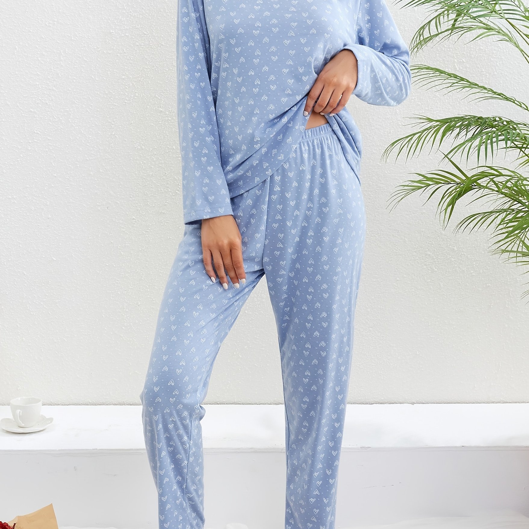 TEMU Heart Print Pajama Set, Long Sleeve Crew Neck Top & Elastic Waistband Pants, Women's Sleepwear & Loungewear