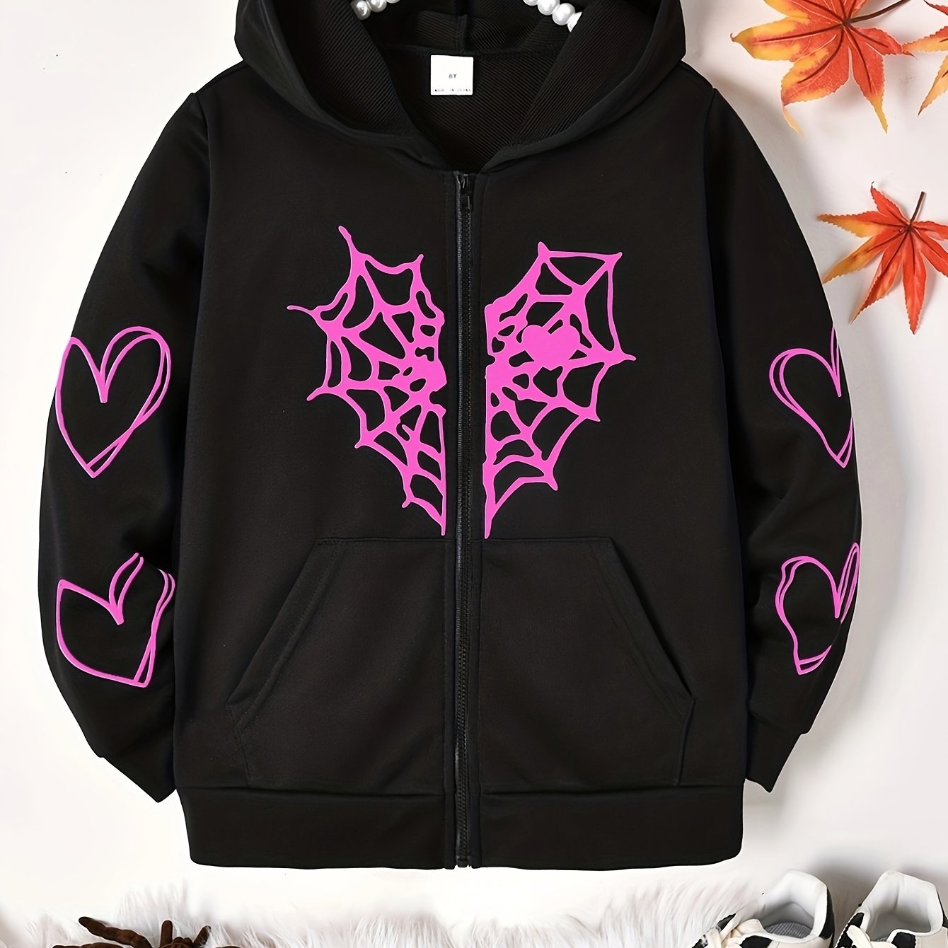 Girls Creative Spider Web Heart Print Zipper Casual Hoodie Jackets - Temu