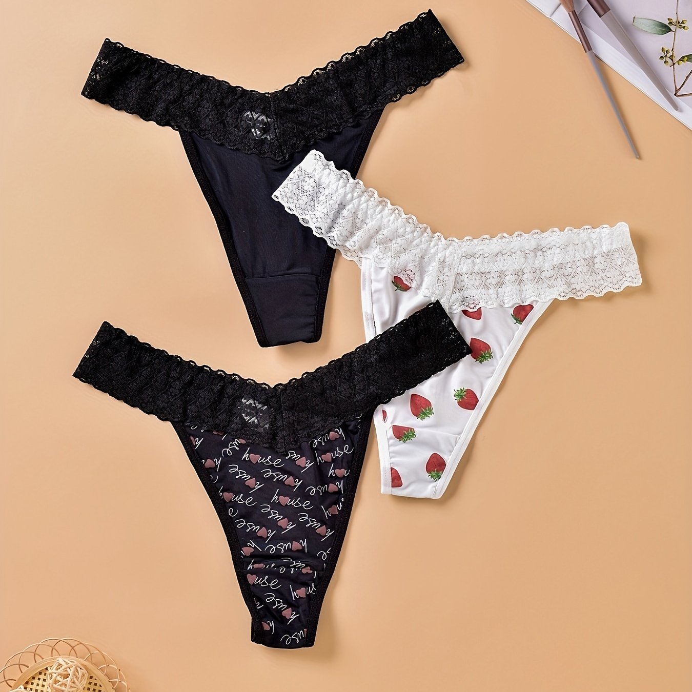 Lace Stitching Thongs Cute Strawberry Heart Print Intimates - Temu