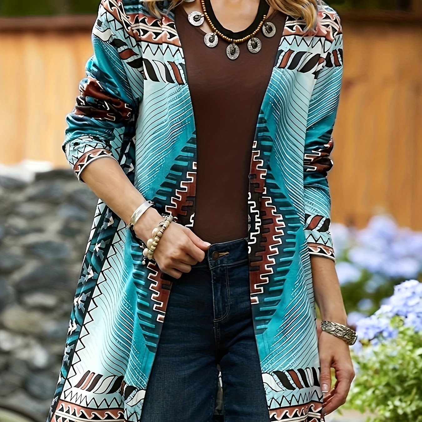 Plus Size Boho Cardigan, Women's Plus Aztec Print Long Sleeve Open Front  Tassel Trim Hooded Cardigan