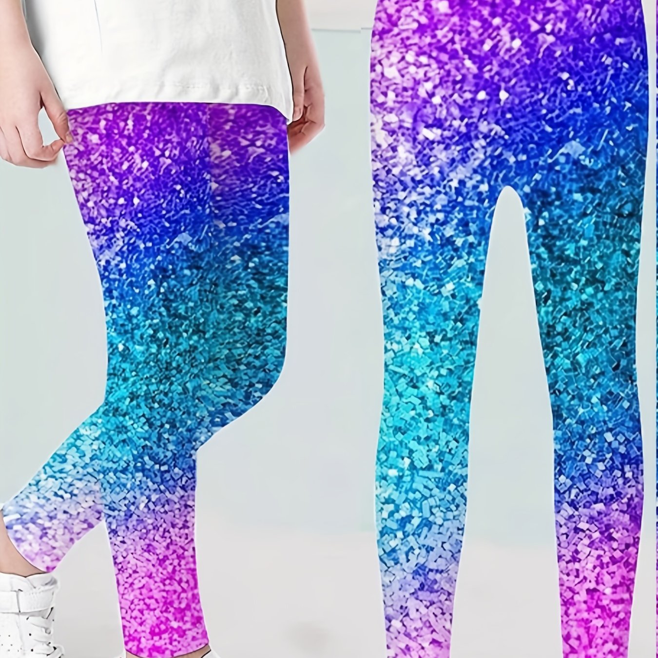 1-pack Girls' Casual Leggings - Ombre Glitter Gradient Print, Breathable Stretchy Fabric, Spring/summer Playwear, Machine Washable, Comfortable Childrenswear | Colorful Fashion | Fabric