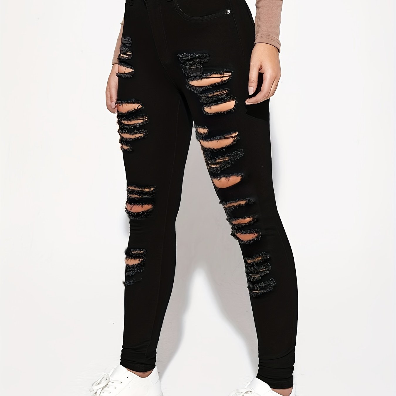 High Rise Ripped Skinny Jeans Solid Black Distressed - Temu