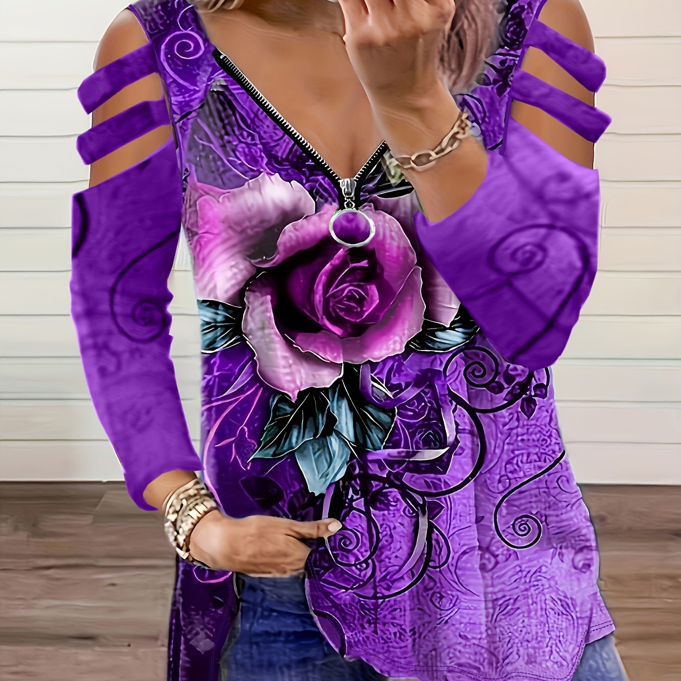 Plus Size Gothic Top, Women's Plus Rose Print Cut Out Long Sleeve Stretch Zipper T-shirt