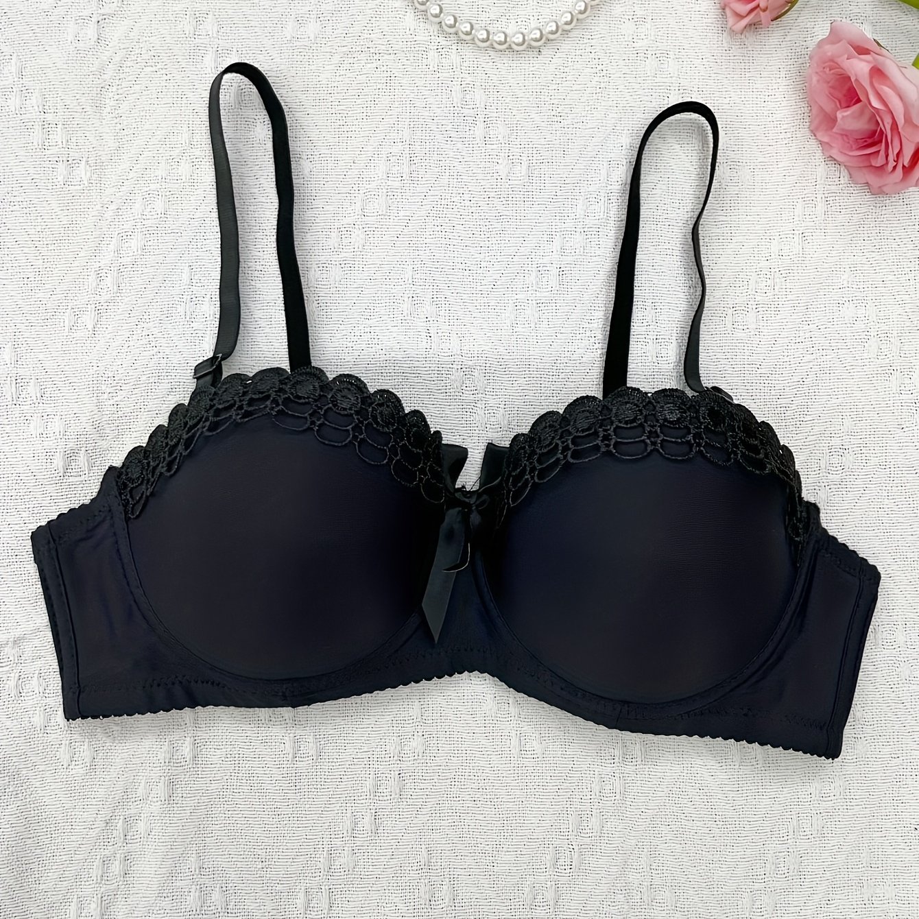 Contrast Lace Push Bra Comfy Breathable Bow Tie Bra Women's - Temu Canada