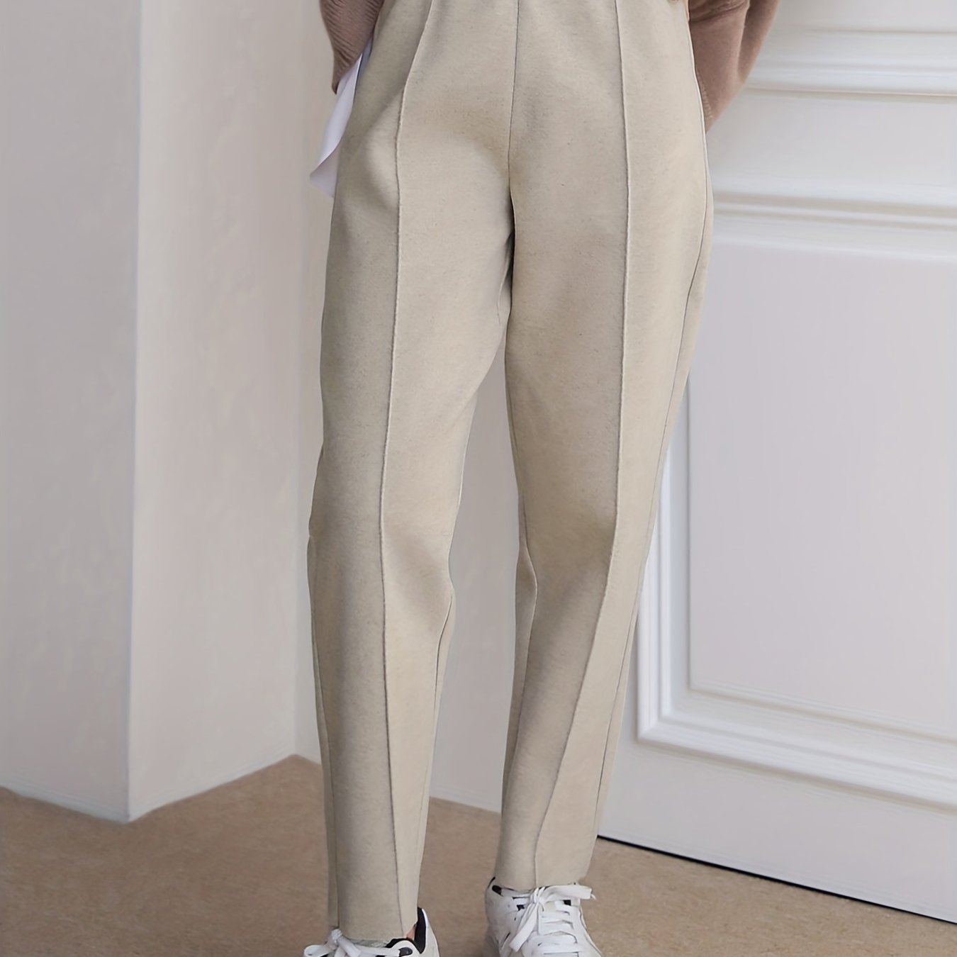 Solid Elastic Waist Fuzzy Pants, Casual Comfy Straight Leg Pants, Women's  Clothing