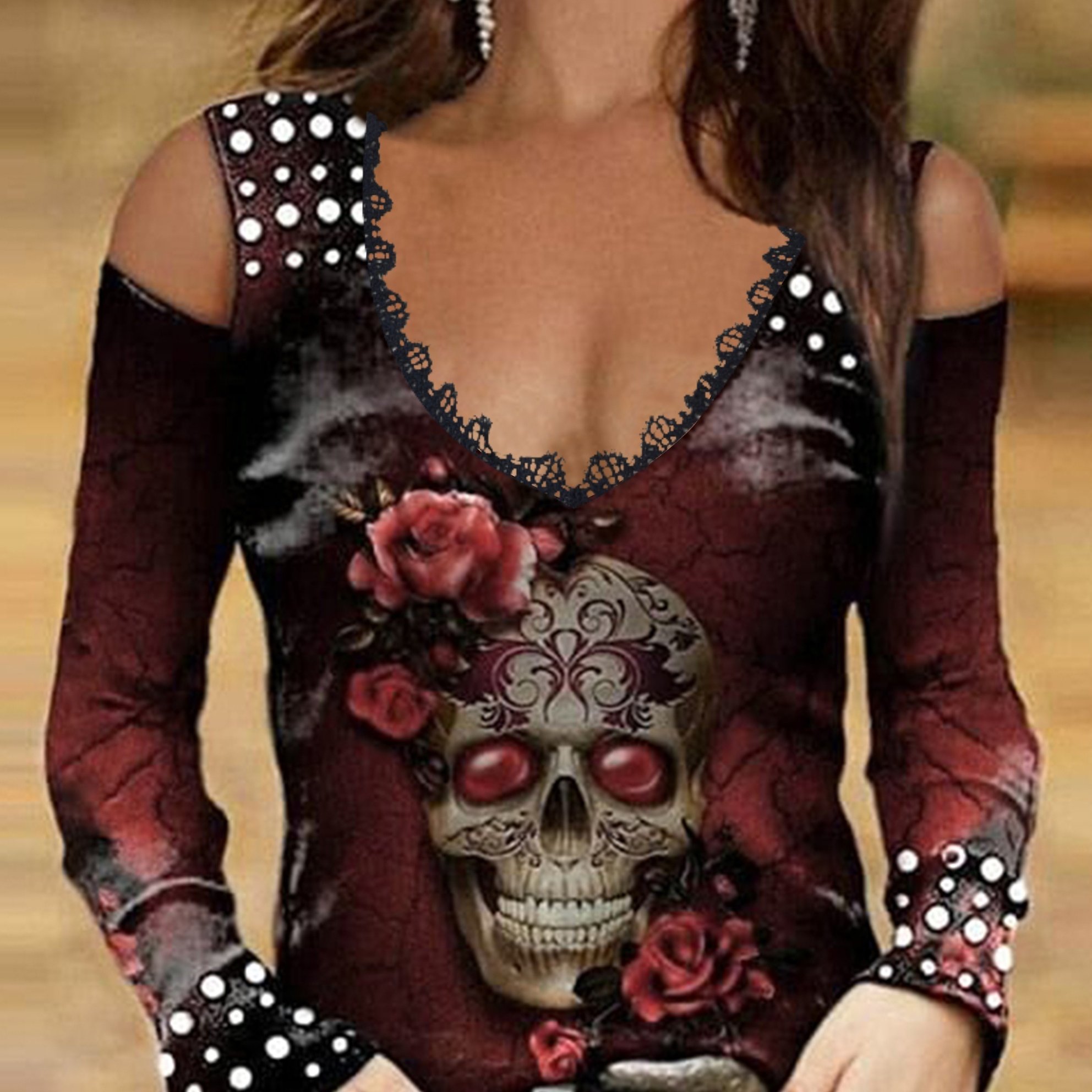 womens long sleeve v neck casual t shirt floral skull print