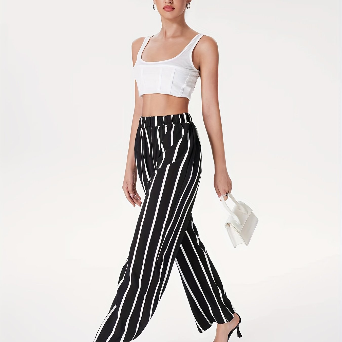 Women's Pants Wide Middle Waist Stripe Casual Pants (Size: FREE SIZE) #785,  #955, #9529