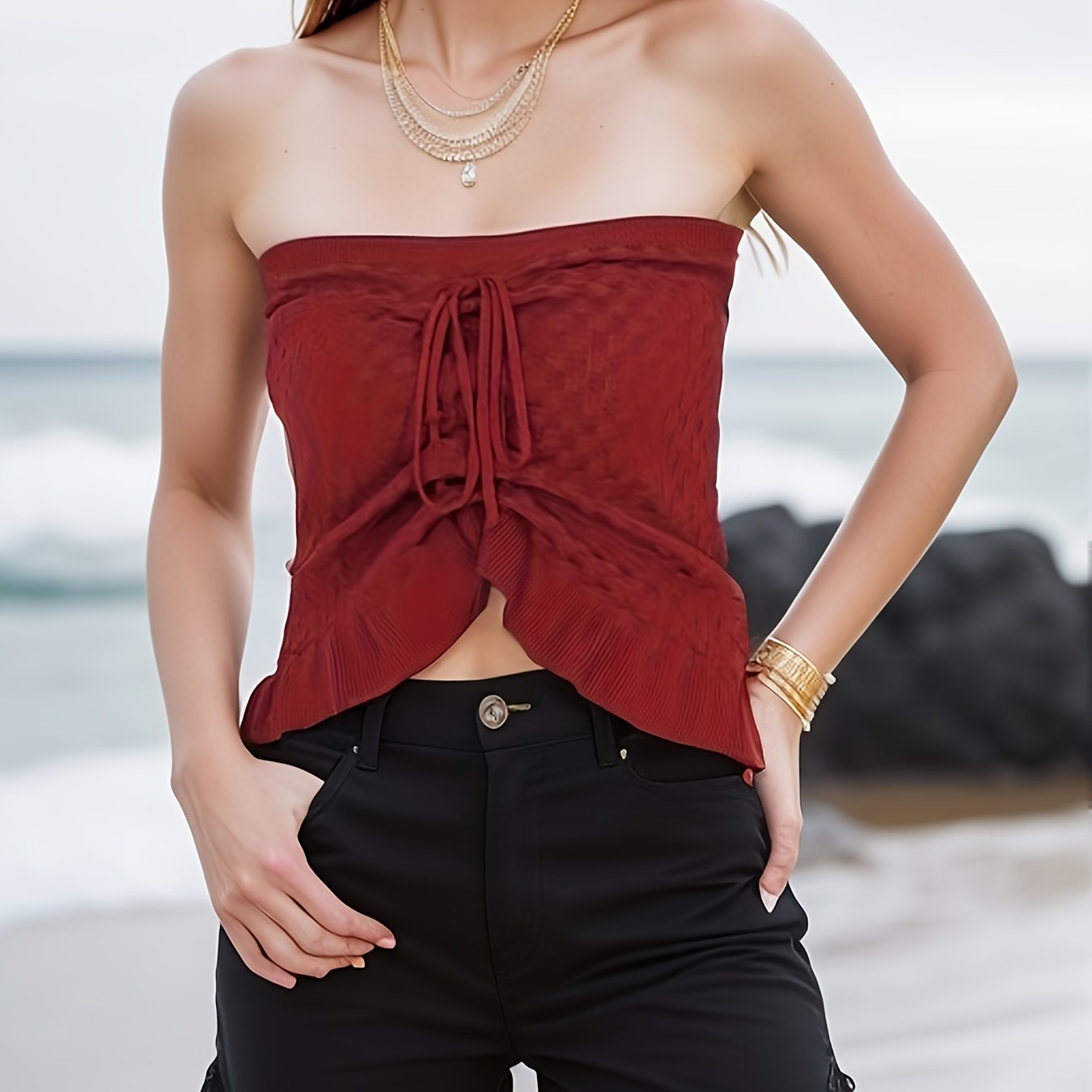 Sexy Drawstring Knit Tube Top, Casual Strapless Sleeveless Fashion Summer  Loose Tube Top, Women's Clothing