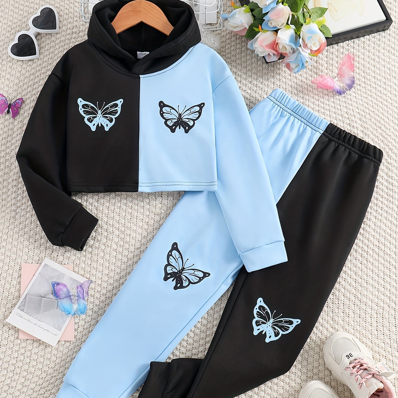 Girl's Butterfly Print Hoodie Sweatpants Set Solid Color - Temu