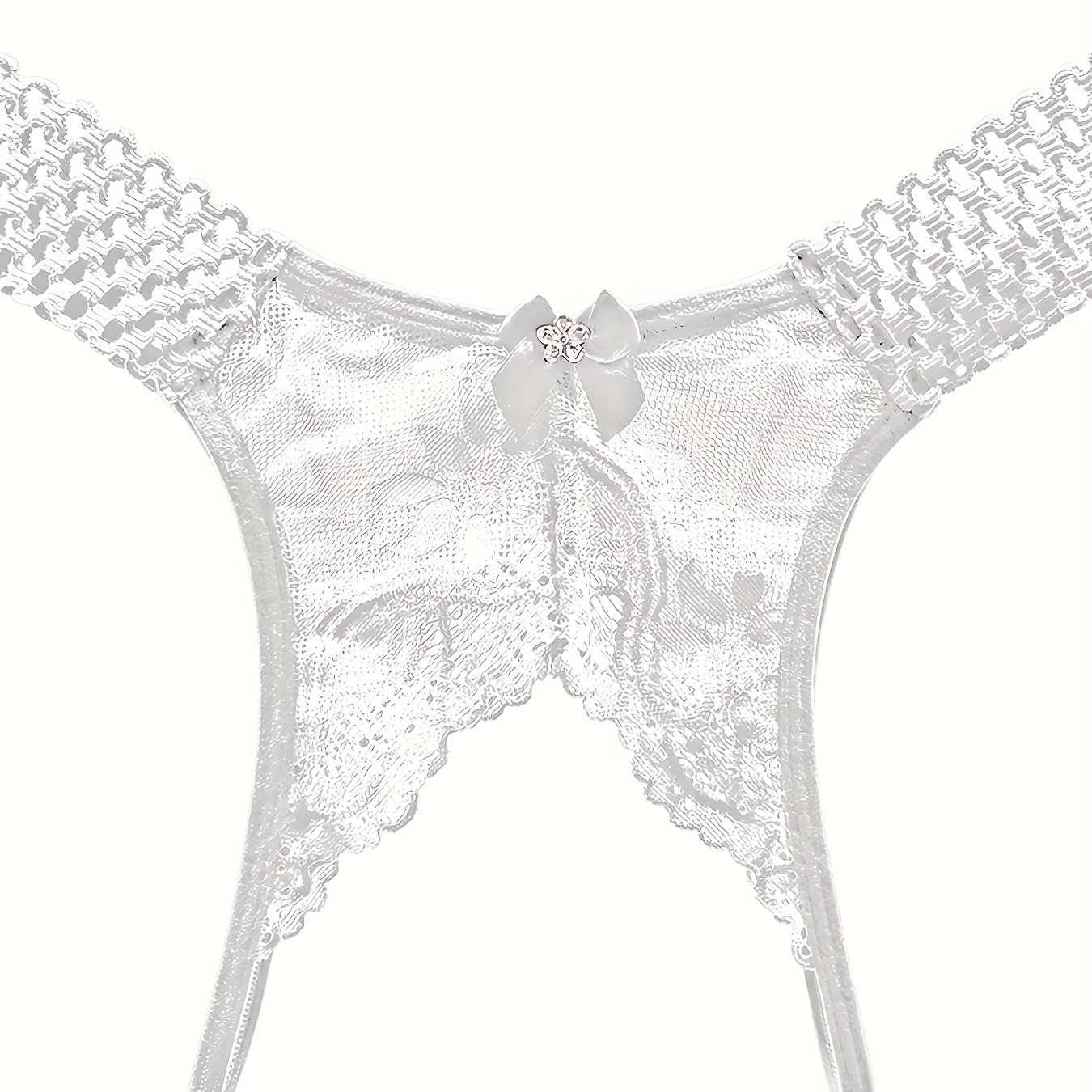 Peach Thong with Floral Lace and Mesh Front with White Designs Size 14/16