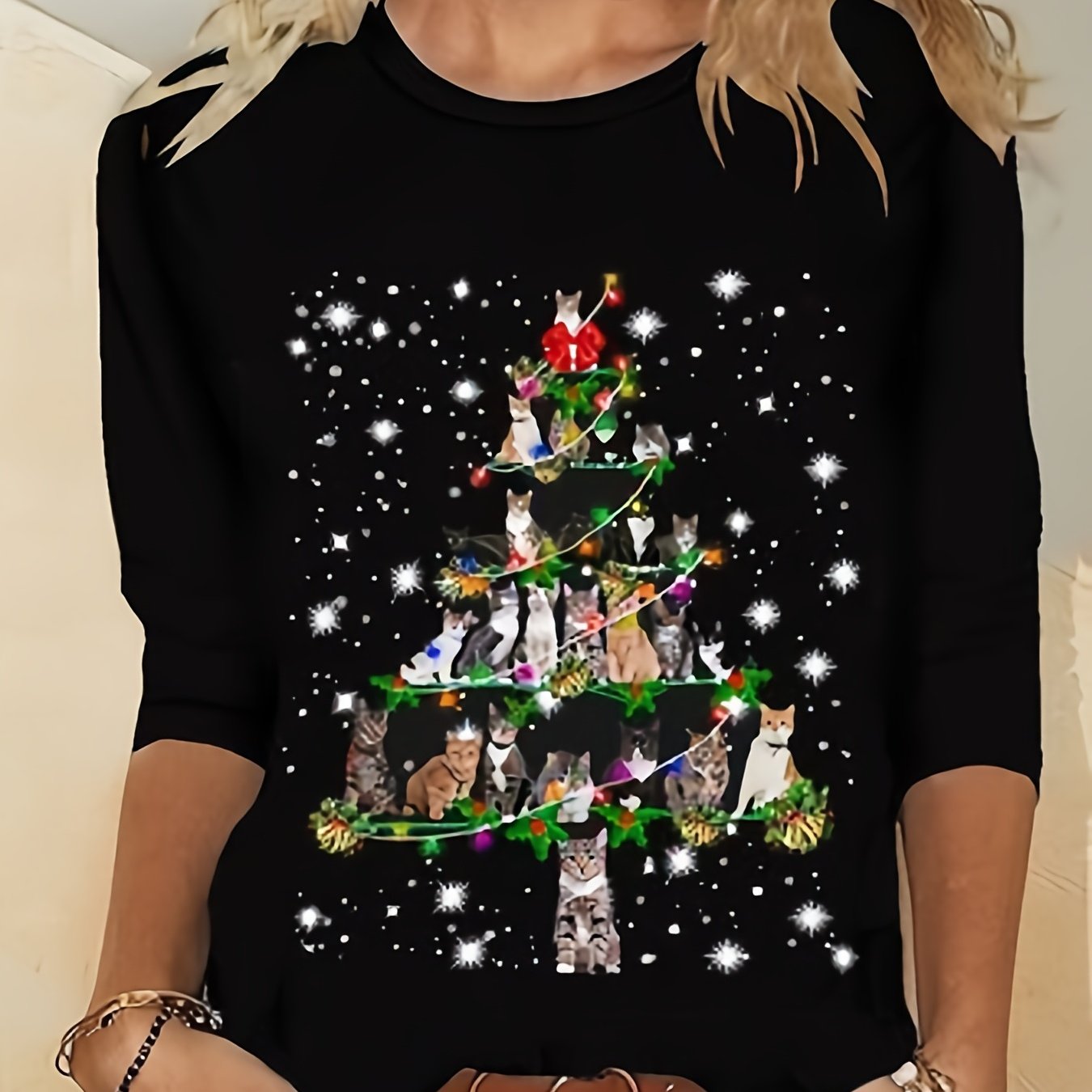 christmas cat tree print crew neck t shirt casual long sleeve top for spring fall womens clothing