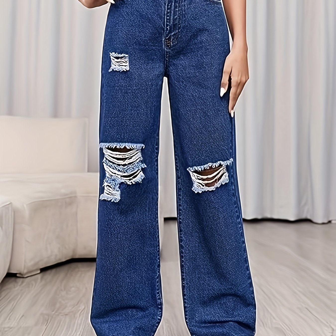 Ripped Grommet Buckle Detail Skinny Jeans, Solid Black High Strech  Eye-catching Denim Pants, Women's Denim Jeans & Clothing