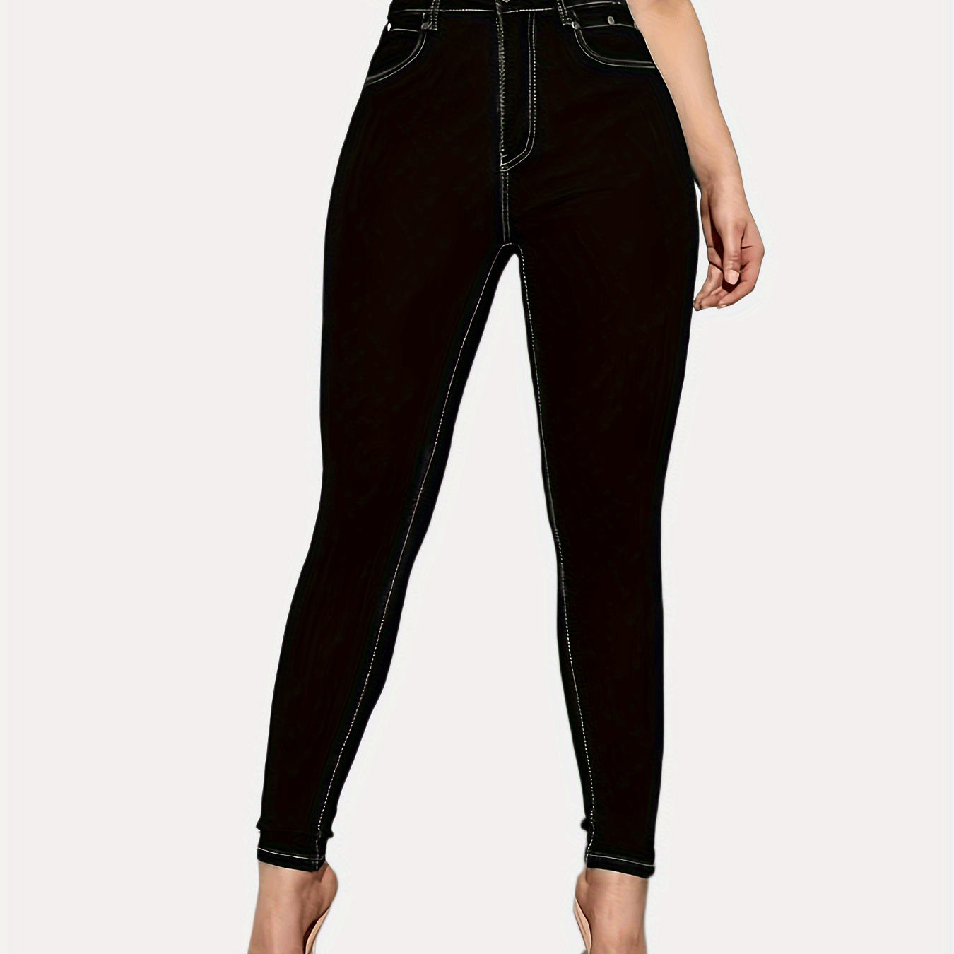 High Waist Solid Color Fit Women's Denim, High Stretch Slash Pockets Slim  Trousers, Multi Crotch Buttons Curvy Black Pants, Women's Denim & Clothing