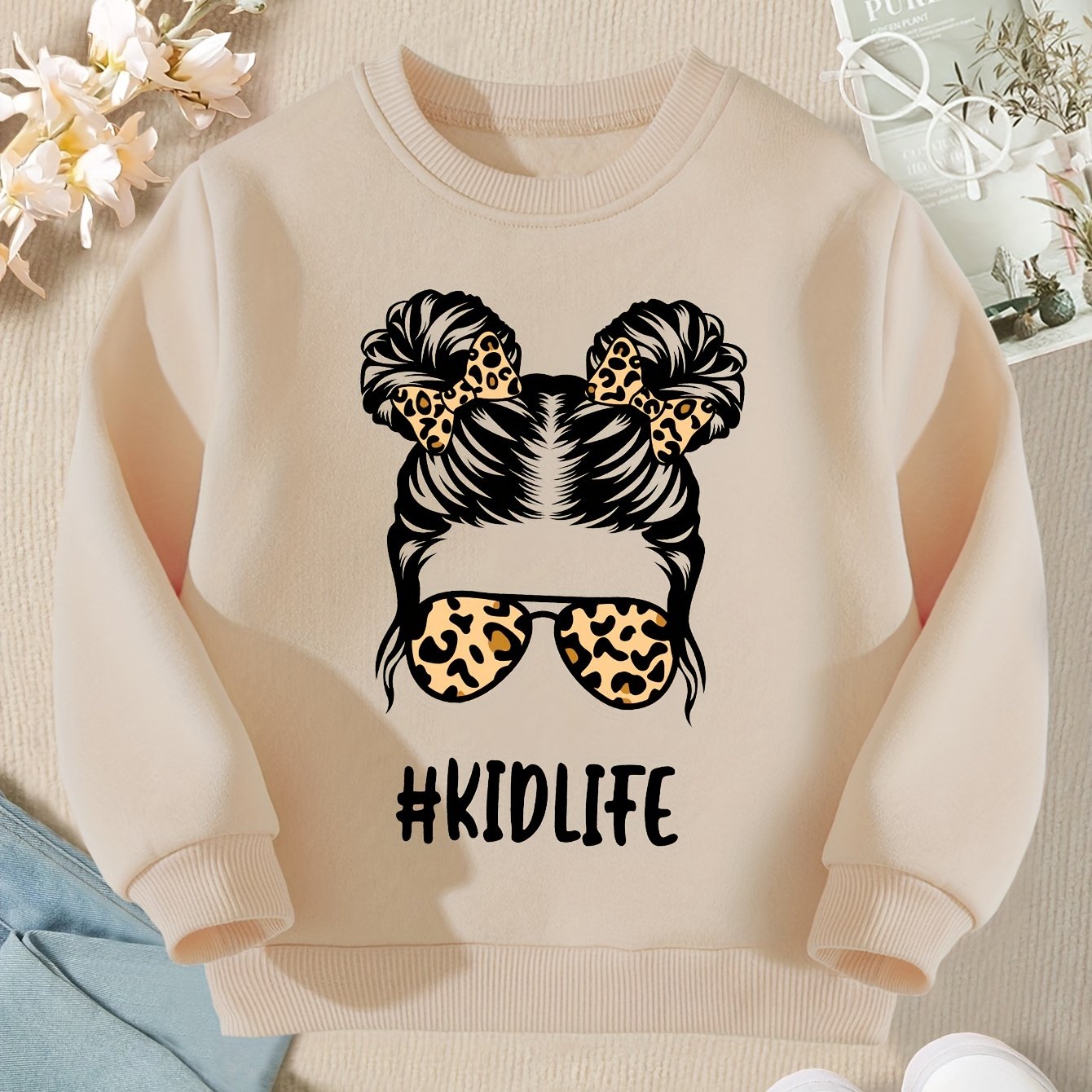 Image of Girls' Autumn/ -lined Sweatshirt, Kid Life Leopard Print Loose Fit Cute Casual Long-sleeve Pullover Sweatshirt