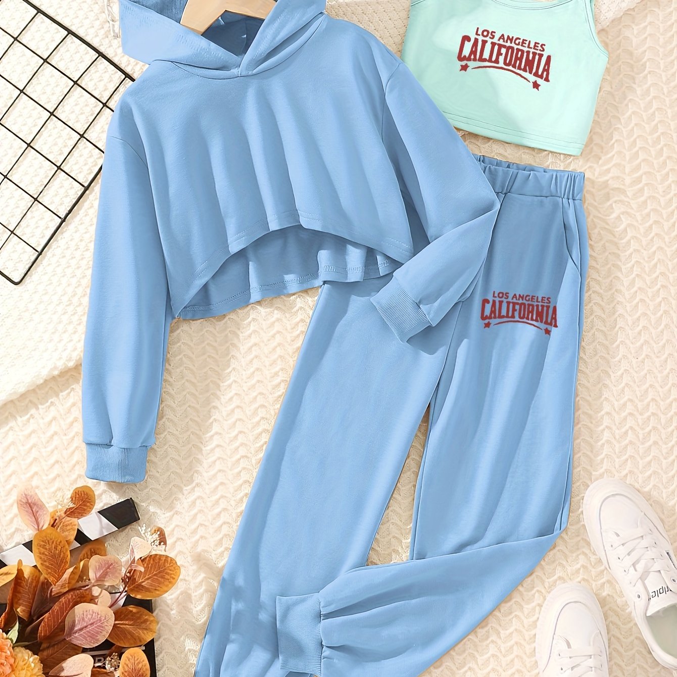 Girl's Trendy Outfit Crop Hoodie Cami Top Sweatpants Set New