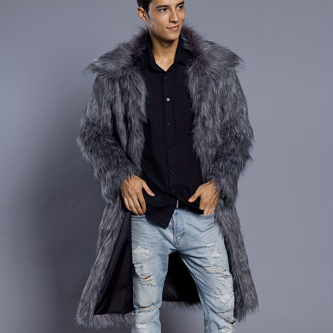 Oversized Grey Faux Fur Coat Men - Fur Coat with Hood