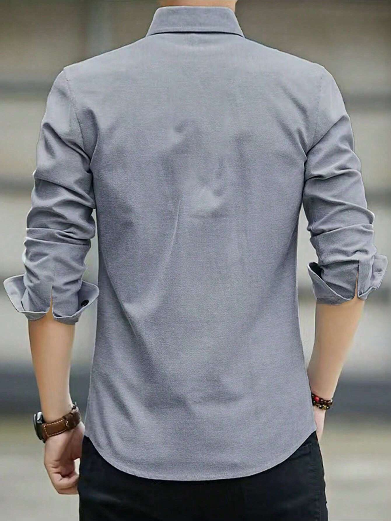 Camisa Clásica de Manga Larga Azul Sólido para Hombre, Elegante Cáñamo Casual de Negocios SKU: Sm25090241132373777