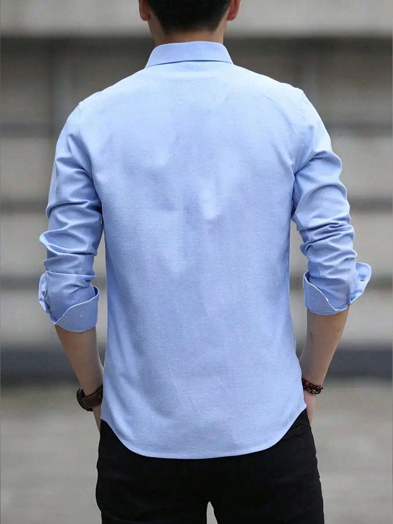 Camisa Clásica de Manga Larga Azul Sólido para Hombre, Elegante Cáñamo Casual de Negocios SKU: Sm25090241132373777