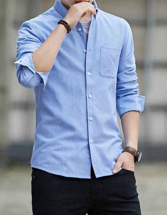 Camisa Clásica de Manga Larga Azul Sólido para Hombre, Elegante Cáñamo Casual de Negocios SKU: Sm25090241132373777