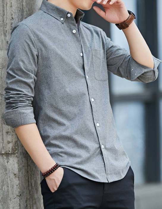 Camisa Clásica de Manga Larga Azul Sólido para Hombre, Elegante Cáñamo Casual de Negocios SKU: Sm25090241132373777