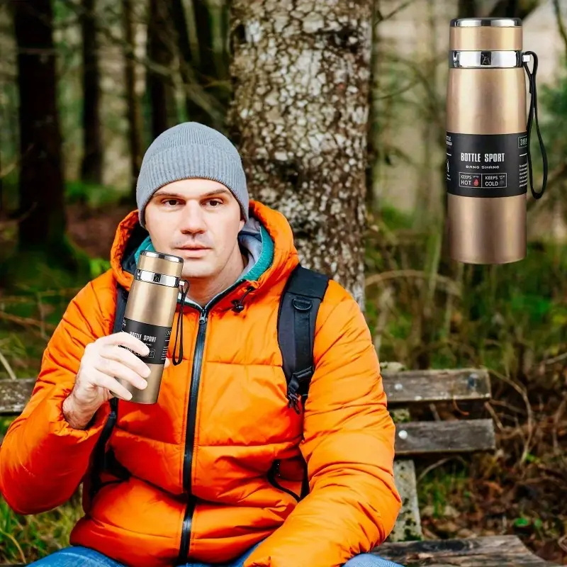 Termo de Acero Inoxidable Multicolor - Vaso de Viaje de Gran Capacidad de 1000ml/800ml con Correa de Transporte y Colador de Té, Diseño Duradero y a Prueba de Fugas para Camping, Senderismo, Deportes, Hidratación al Aire Libre, Estilo Cilíndrico Elegante, Tapa Segura