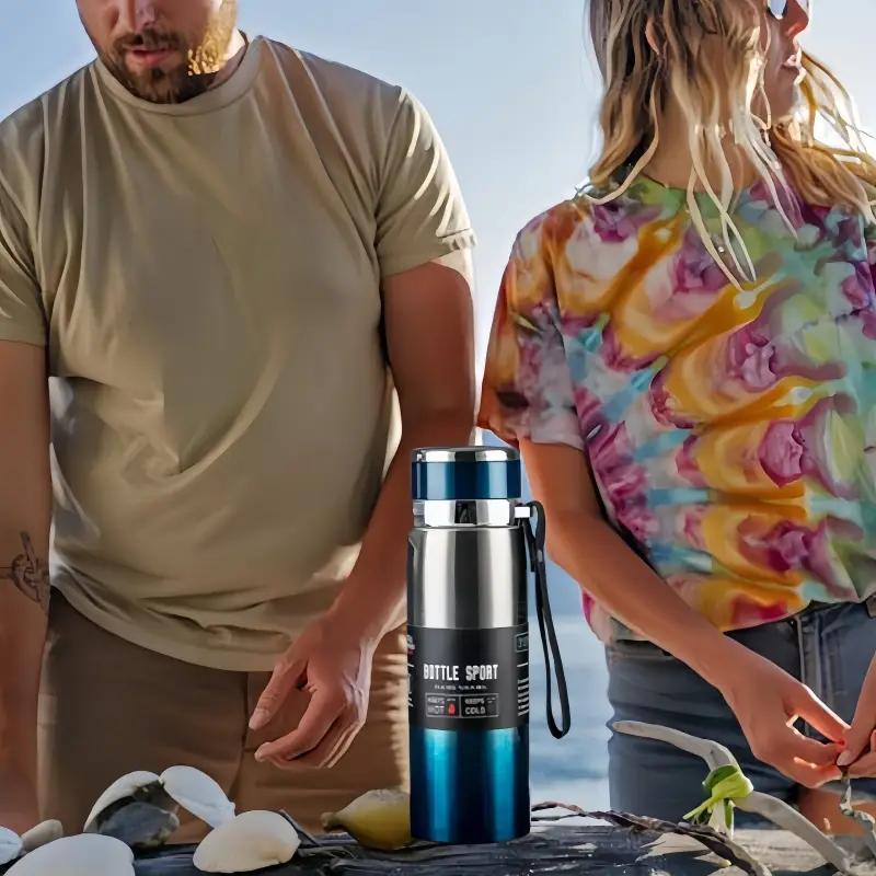 Termo de Acero Inoxidable Multicolor - Vaso de Viaje de Gran Capacidad de 1000ml/800ml con Correa de Transporte y Colador de Té, Diseño Duradero y a Prueba de Fugas para Camping, Senderismo, Deportes, Hidratación al Aire Libre, Estilo Cilíndrico Elegante, Tapa Segura