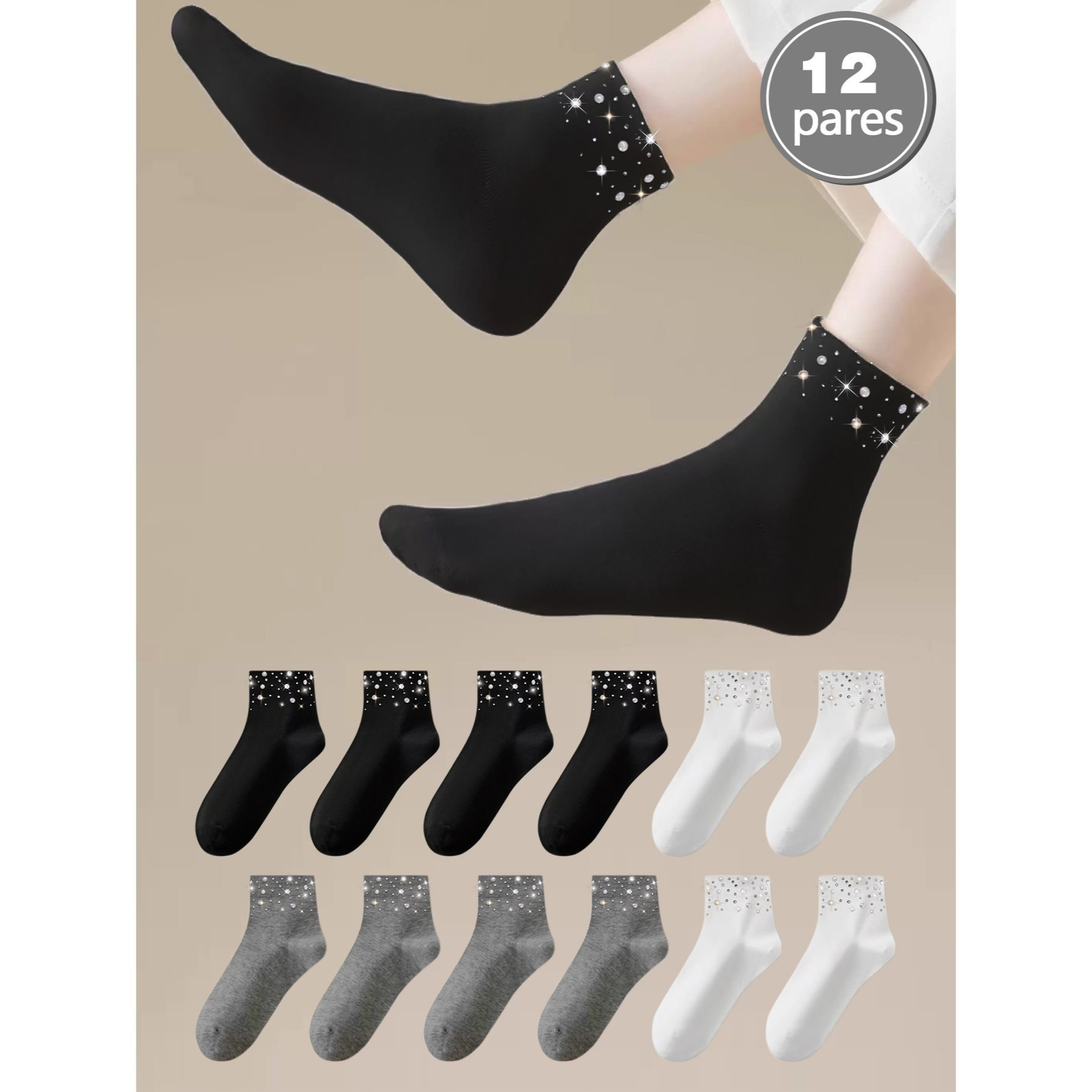 Calcetines de algodón 100% para damas, Medias cortas de algodón con piedras/rinestones, Calcetines deportivos para damas: retailer-supplied image