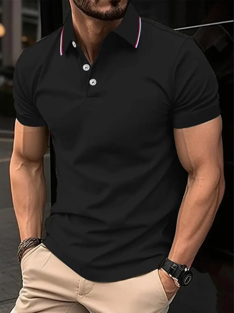 Camisa de Verano para Hombre - Tejido Transpirable y Secado Rápido, Manga Corta Casual de Negocios con Cuello a Rayas en Contraste & Ribete en Mangas, Color Sólido Ajuste Regular para Oficina y Uso Diario, Atuendo para Clima Cálido, Detalles Elegantes, Construcción Duradera, Estilo Profesional