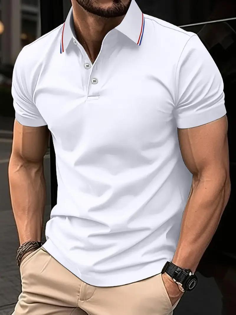 Camisa de Verano para Hombre - Tejido Transpirable y Secado Rápido, Manga Corta Casual de Negocios con Cuello a Rayas en Contraste & Ribete en Mangas, Color Sólido Ajuste Regular para Oficina y Uso Diario, Atuendo para Clima Cálido, Detalles Elegantes, Construcción Duradera, Estilo Profesional
