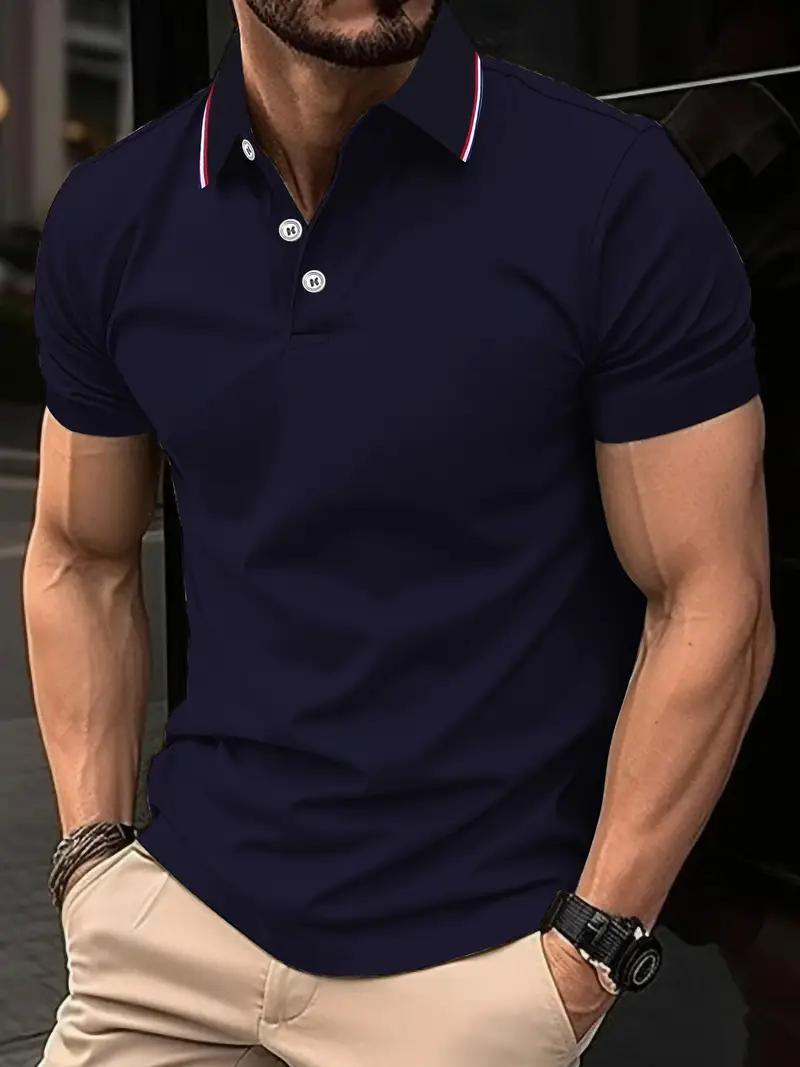 Camisa de Verano para Hombre - Tejido Transpirable y Secado Rápido, Manga Corta Casual de Negocios con Cuello a Rayas en Contraste & Ribete en Mangas, Color Sólido Ajuste Regular para Oficina y Uso Diario, Atuendo para Clima Cálido, Detalles Elegantes, Construcción Duradera, Estilo Profesional