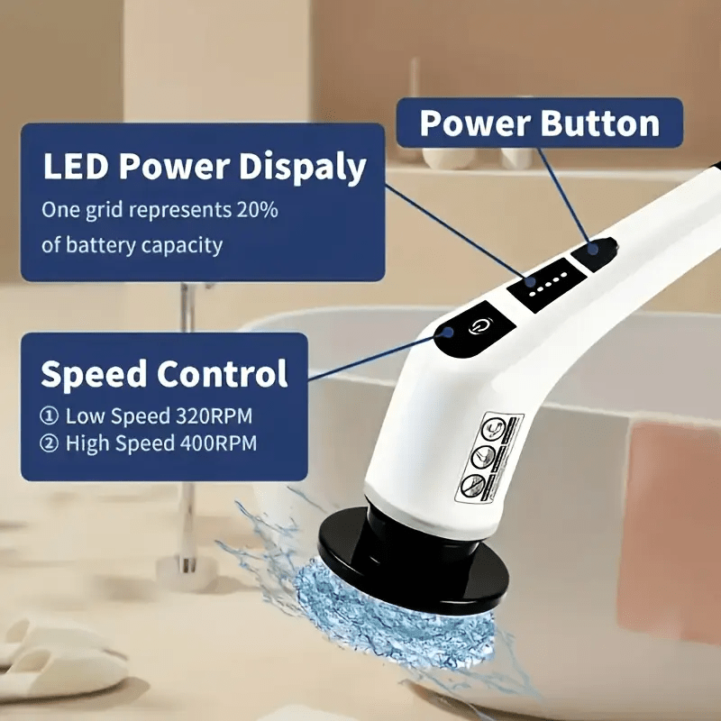 escobilla de limpieza eléctrica 7-en-1, cepillo giratorio para suelos eléctrico, escobilla   inalámbrica con 7 cabezales de cepillo reemplazables y mango telescópico ajustable para pisos, baños, bañeras y azulejos, batería de 2000mah