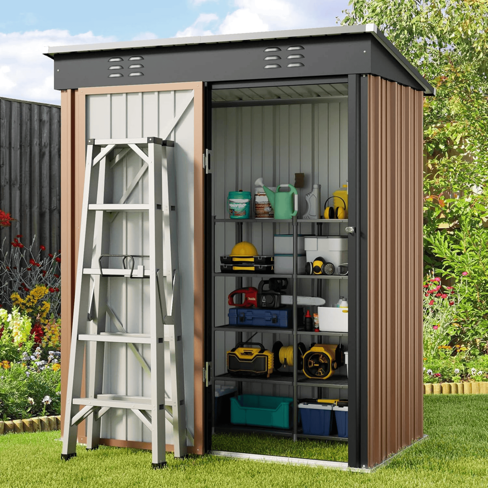   de Jardín para Exterior, Metal Galvanizado, Verde, con Rejillas de Ventilación y Cerradura, Puerta con Bisagras