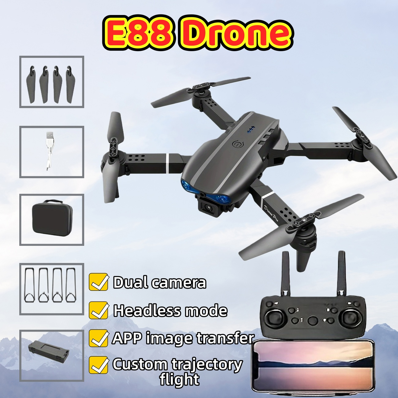 TEMU Drones de Cámara Doble para Adultos y Niños, RC Plegable para Principiantes, Drones de Juguete, Video FPV 1080P, 1 Batería, con un , Sin Cabeza,