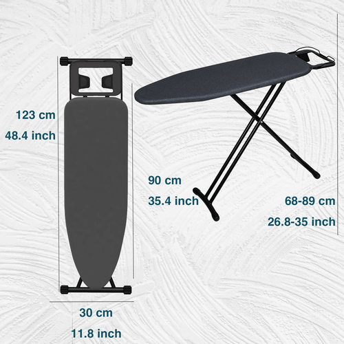 burro de planchar,tamaño del panel: 90 x 30cm (35.4 x 11.8 pulgadas), altura ajustable 68-89cm (27 pulgadas) con soporte para plancha, plegable y portátil, 3-layer thick cover, sturdy , space-saving design for home use - black