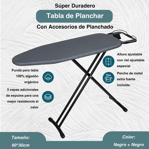 imagen del artículo burro de planchar,tamaño del panel: 90 x 30cm (35.4 x 11.8 pulgadas), altura ajustable 68-89cm (27 pulgadas) con soporte para plancha, plegable y portátil, 3-layer thick cover, sturdy , space-saving design for home use - black