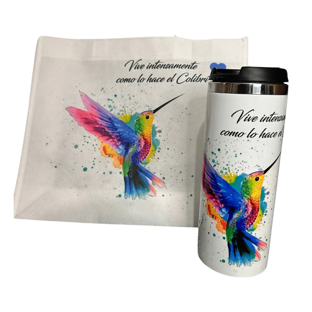 Termo colorido de acero inoxidable con bolsa de tela: retailer-supplied image