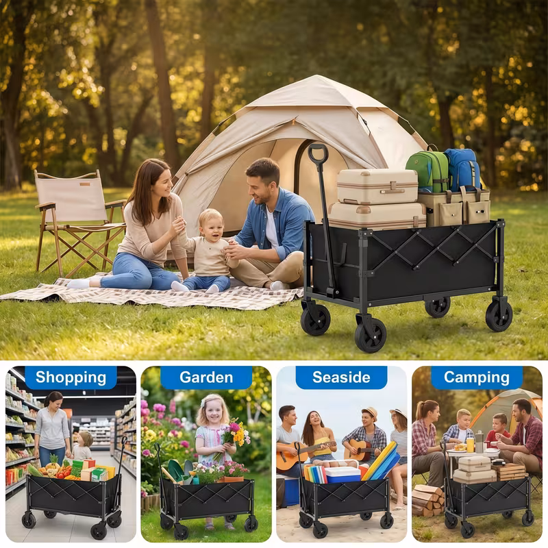carrito plegable resistencia - ruedas todoterreno de 5 y diseño ajustable para compañías de (sin cambios) para exteriores - portavasos y multiusos para compras, jardín, camping y playa Detalles del producto 0