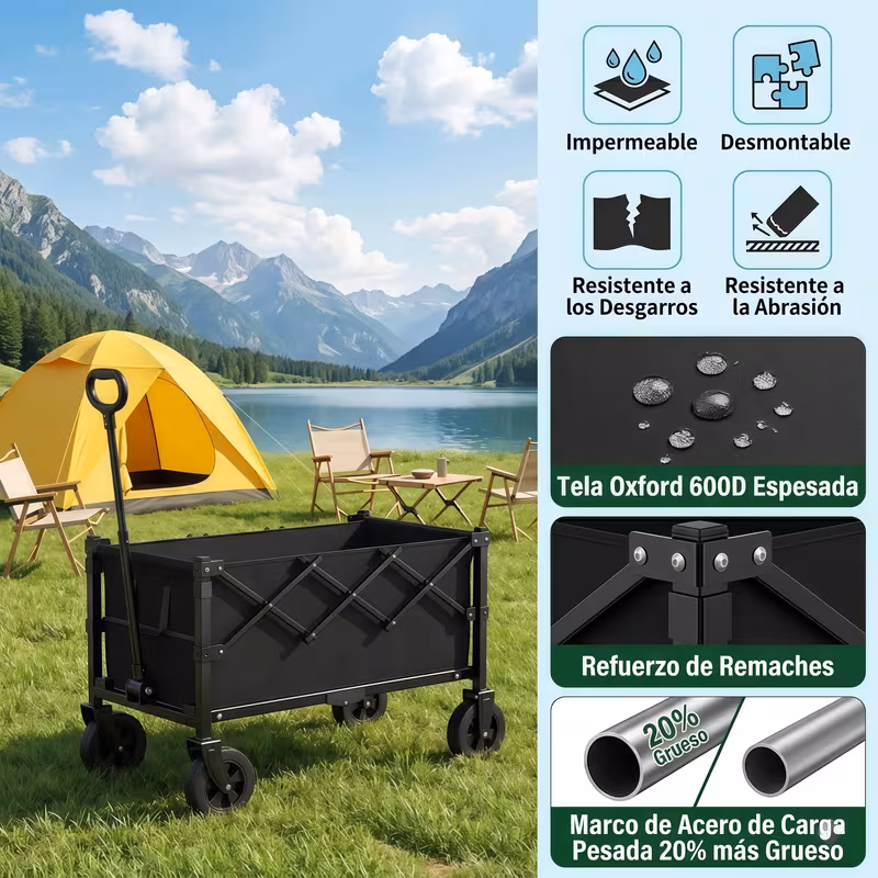 carrito plegable resistencia - ruedas todoterreno de 5 y diseño ajustable para compañías de (sin cambios) para exteriores - portavasos y multiusos para compras, jardín, camping y playa Detalles del producto 3