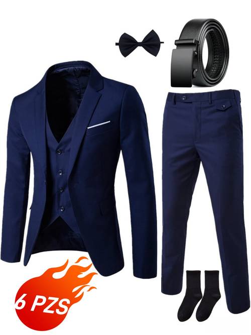 imagen del artículo traje de negocios 6 piezas para hombre, de corte ajustado, de boda para el novio, un conjunto completo de ropa de profesional con un de lujo , que chaqueta de traje, pantalón, chaleco, pajarita, cinturón y un par de calcetines.