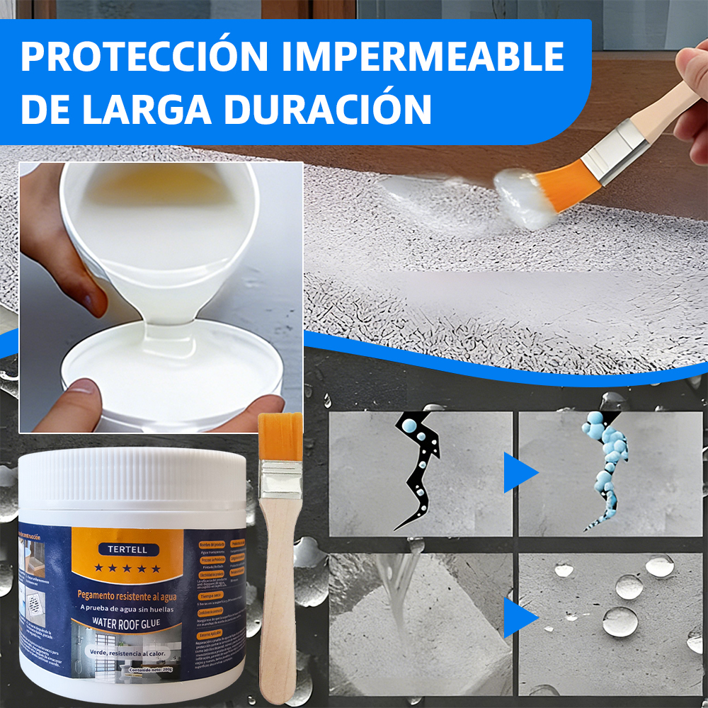 Pegamento Impermeable Transparente 200g, repara goteras y grietas en techos, paredes, pisos y tuberías. Resistente a humedad, calor, heladas y desgaste. Se adhiere a madera, ladrillos, hormigón y azulejos. Secado rápido, forma película protectora, invisible al secar. Ecológico y sin olores fuertes. 1 Unidad, Envío Rápido México.