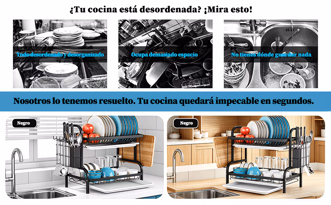 escurridor de platos y cubiertos de 2 niveles, escurridor de trastes con soporte de utensilios y soporte de tabla de corte, organizador de cocina que con bandeja, montaje , ancho 23 cm, largo 42 cm y 41 cm Detalles del producto 2