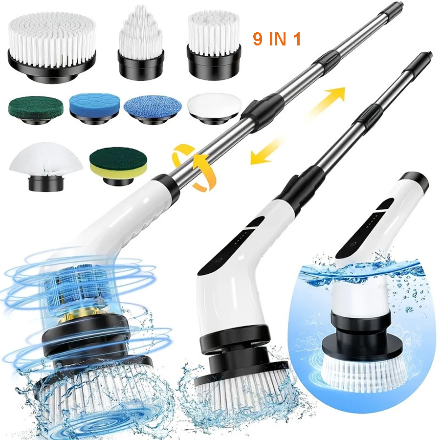 limpiador rotatorio eléctrico, cepillo para piscinas, 8/10 cabezales de cepillo reemplazables, con mango telescópico, velocidad ajustable, cepillo eléctrico multifuncional de   para limpiar fregaderos, suelos, ventanas, bañeras,  , baños, zapatos, bolsos, piscinas,  .