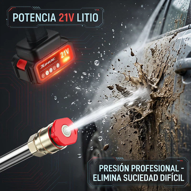 High-power Cordless Pressure Cleaner removing dirt from garden tiles.
