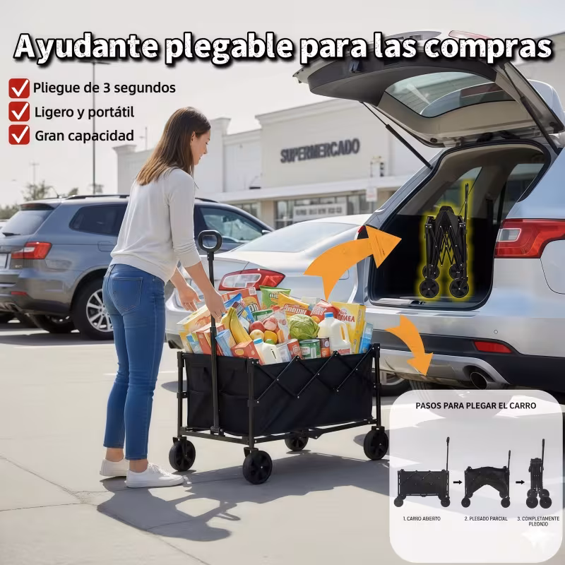 carrito plegable resistencia - ruedas todoterreno de 5 y diseño ajustable para compañías de (sin cambios) para exteriores - portavasos y multiusos para compras, jardín, camping y playa Detalles del producto 2