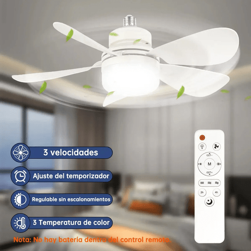 imagen del artículo ventilador de techo con luz led 30w e27 con control remoto - foco ventilador silencioso para recámara, cocina y sala, luz led regulable 3000k-6500k y 10%-100%, conexión rápida sin cableado