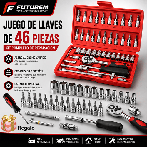 imagen del artículo kit de herramientas de reparación automotriz de 46 piezas multiusos, compuesto por llaves de vaso, , llaves dinamométricas y destornilladores, set portátil para de vehículos