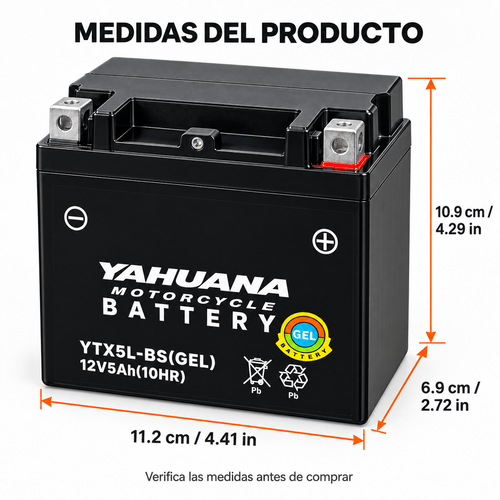 batería de gel para motocicleta yahuana ytx5l-bs 12v 5ah, libre de , 7 placas, , 112×69×109 mm