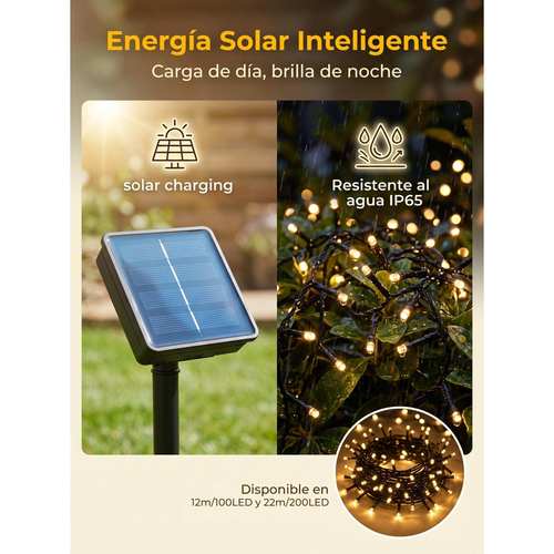 imagen del artículo guirnalda luces led solar ip65 resistente agua, encendido automático, 100 bombillas 12 metros / 200 bombillas 22 metros, decoración jardín y