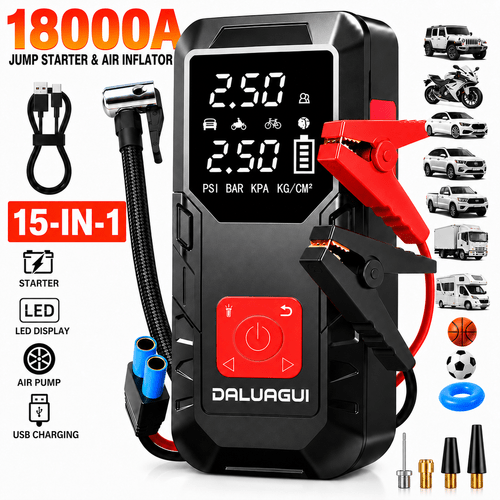 imagen del artículo 17000 de alimentación de de emergencia para automóviles y 18000 de alimentación de para automóviles (con bomba inflable), 15 en 1, pantalla lcd digital, fuente de alimentación de emergencia con iluminación led, función de rescate de carreteras, cargador de vehículos, para 6 litros de o 5 litros de , accesorios de automóviles, paquetes de emergencia, / / navidad / halloween y regalos festivos