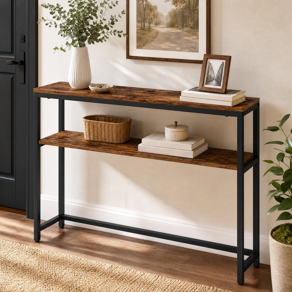 mesa de consola estrecha con 2 niveles,     para pasillo, 100 x 20 x 81 cm,     y negro